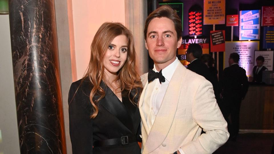 Princess Beatrice in black dress and edoardo in white tux