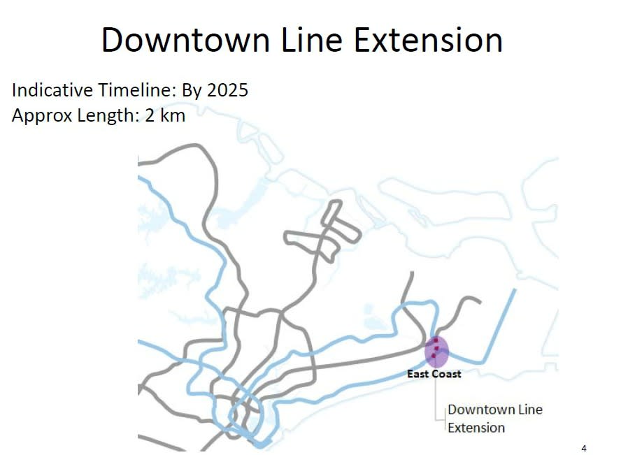 The DTL will be two km longer by 2025 -- to run through the East Coast area. It will be connected to the East West Line and the Eastern Region Line, which will be ready by 2020, so that commuters can transfer between the Downtown Line and Eastern Region Line in the east. (Courtesy of LTA)