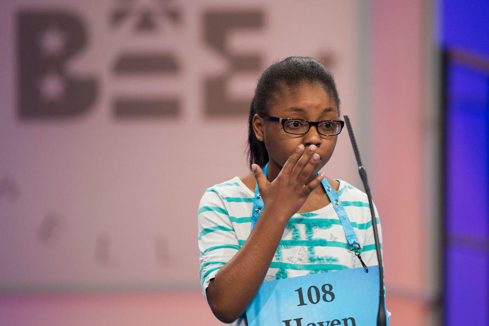 <p>Haven Griggs of Lawndale, N.C., misspells her word during the 90th Scripps National Spelling Bee in Oxon Hill, Md., Wednesday, May 31, 2017. (AP Photo/Cliff Owen) </p>