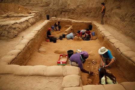 American archaeology students unearth finds during excavation works at the first-ever Philistine cemetery at Ashkelon National Park in southern Israel June 28, 2016. REUTERS/Amir Cohen