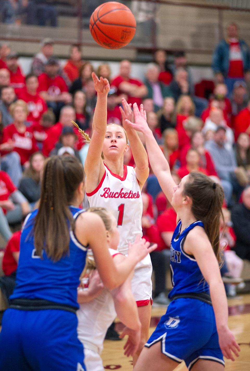 Buckeye Central's Katie Siesel shoots a three pointer.