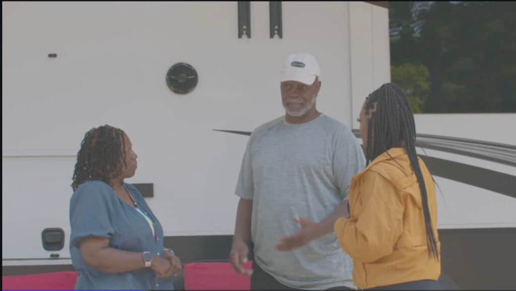 Iris and Ray Raines (from left) gave theGrio a tour of their RV and spoke with Ciara Johnson, host of The Great Outdoors Series, about what attracted them to the RV lifestyle. (Screengrab)