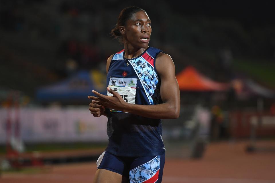 South African Olympic 800m champion Caster Semenya looks on after running the 1500m senior women final at the ASA Senior Championships at Germiston Athletics stadium, in Germiston on the outskirts of Johannesburg, South Africa on April 26, 2019. (Photo by STRINGER/AFP/GETTY IMAGES)