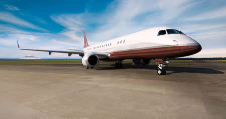 An exterior view of the Skyacht model of Embraer S.A. Aerospace company's private jet lineage is shown in this undated photo provided October 11, 2017. Courtesy Embraer S.A./Handout via REUTERS