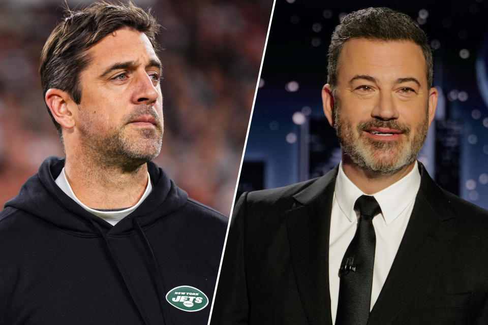 Here's the latest in Aaron Rodgers and Jimmy Kimmel's feud.  (Cooper Neill/Getty Images, Randy Holmes/ABC via Getty Images)