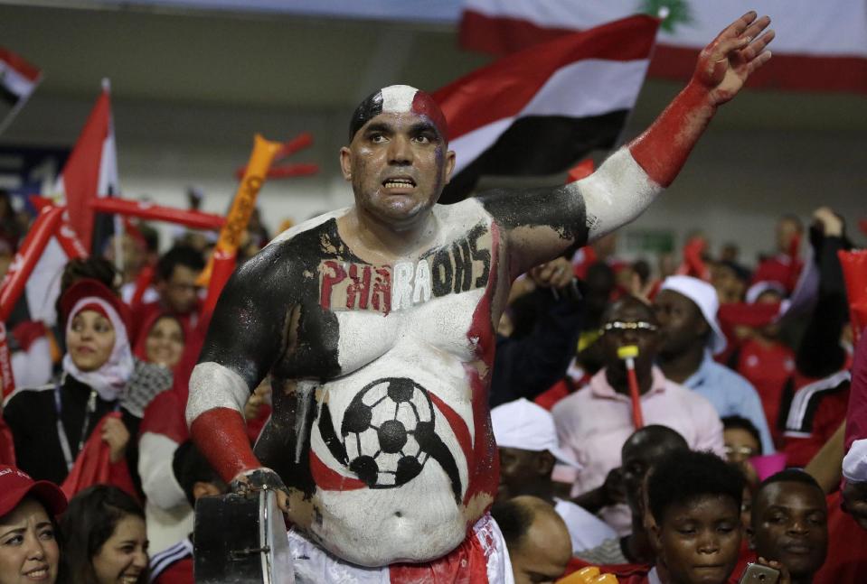 A supporter of Egypt beats a drum on the stands before the African Cup of Nations final soccer match between Egypt and Cameroon at the Stade de l'Amitie, in Libreville, Gabon, Sunday, Feb. 5, 2017. (AP Photo/Sunday Alamba)