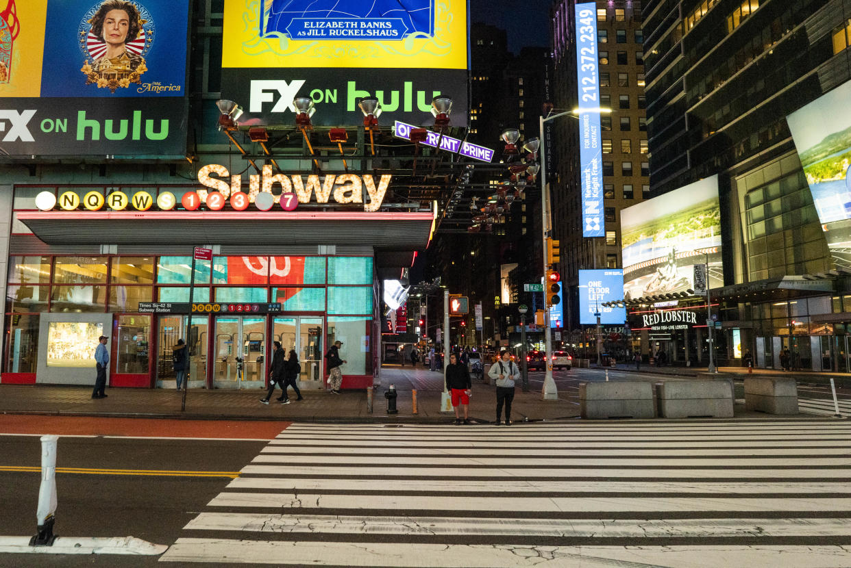 The 42nd Street subway station in New York City in March 2020. The city had officially announced the closure of all nonessential businesses and implemented a lockdown that week. (Erin Lefevre/NurPhoto via Getty Images)