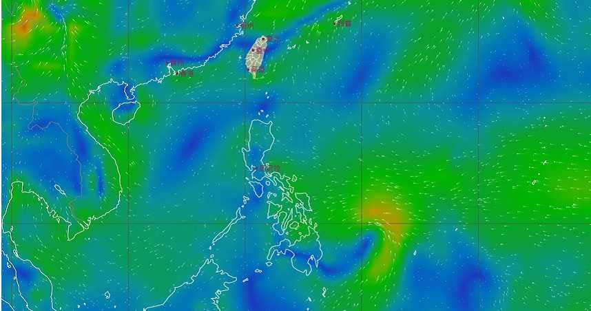 菲律賓東方海面可見熱帶擾動。（圖／中央氣象局風場預測顯示圖）