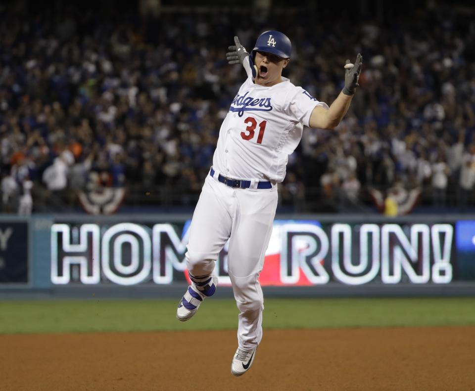 The Dodgers’ Joc Pederson celebrates his seventh-inning home run in Game 6. (AP)