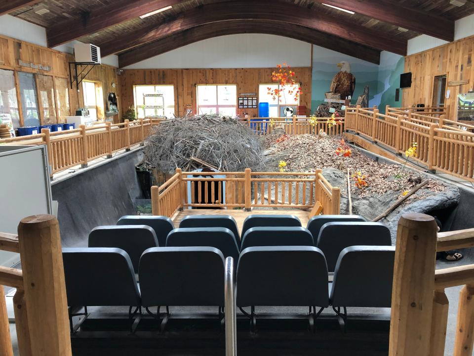 After the pool in the main building of the Pocono Environmental Education Center sprung a leak, it was repurposed into the EcoZone, a hands-on learning space. A beaver lodge and a bat cave occupy the pool now, along with a seating area.