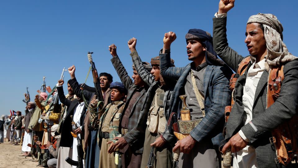 Houthi fighters and tribesmen stage a rally against the U.S. and the U.K. strikes on Houthi-run military sites near Sanaa, Yemen, on Sunday, Jan. 14, 2024. - AP