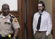 Defendant Thomas Kinworthy Jr. enters the courtroom during his first-degree murder trial on Thursday, May 2, 2024, in the 22nd Circuit Court in St. Louis. Kinworthy was found guilty of first-degree murder and other counts in the death of St. Louis officer Tamarris Bohannon, 29, who was shot and killed, and officer Arlando Bailey who was injured during a home invasion in August 2020. (Laurie Skrivan/St. Louis Post-Dispatch via AP, Pool)