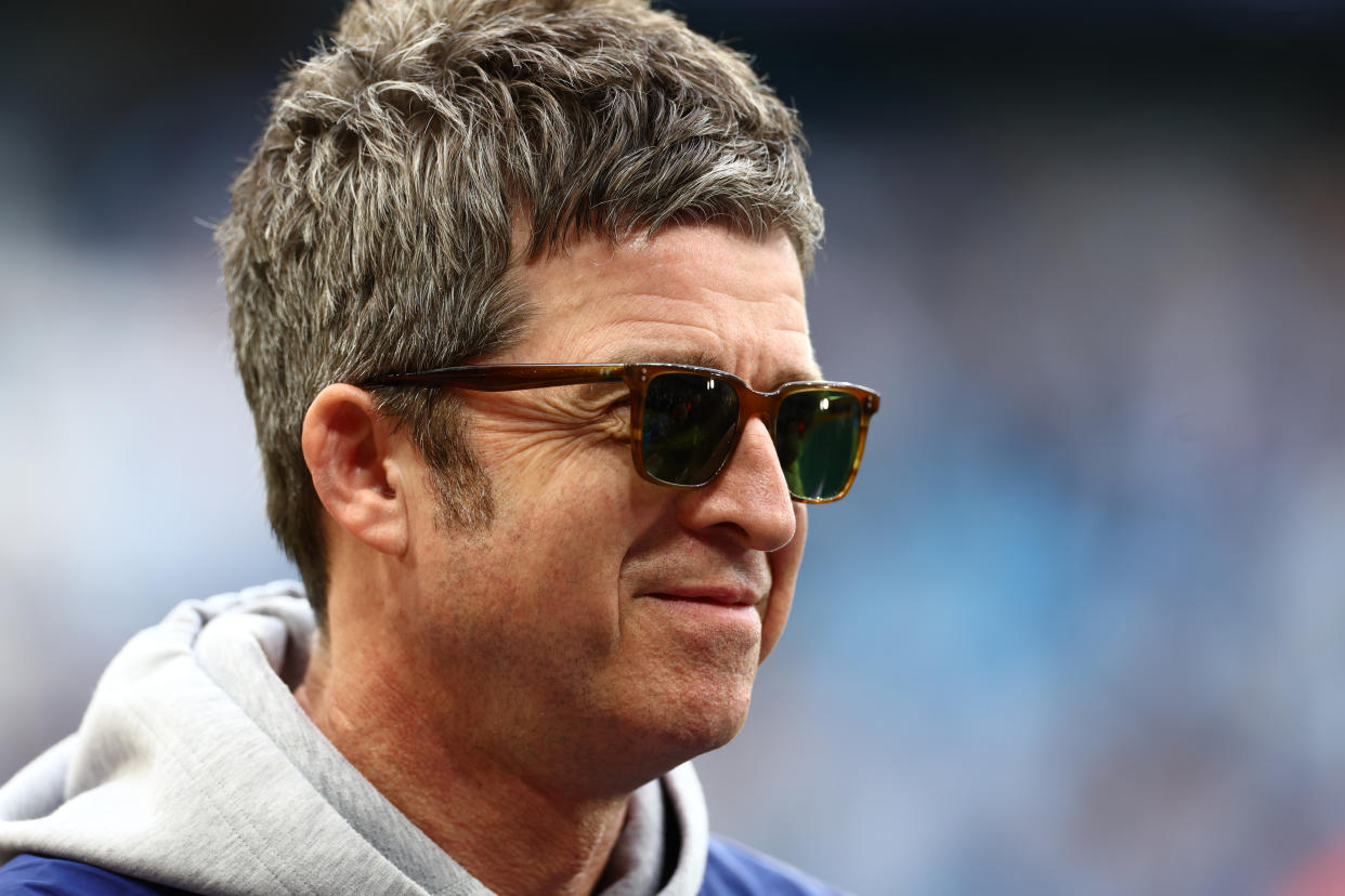 MANCHESTER, ENGLAND - MAY 17:   Noel Gallagher looks on prior to the UEFA Champions League semi-final second leg match between Manchester City FC and Real Madrid at Etihad Stadium on May 17, 2023 in Manchester, United Kingdom. (Photo by Chris Brunskill/Fantasista/Getty Images)