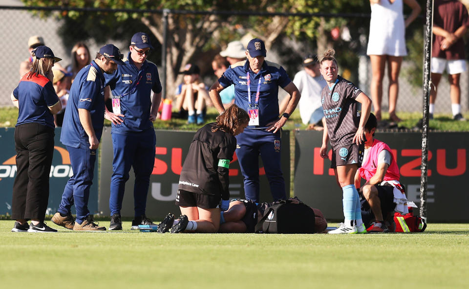 Holly McNamara, pictured here after suffering a knee injury in Melbourne City's win over Newcastle Jets. 