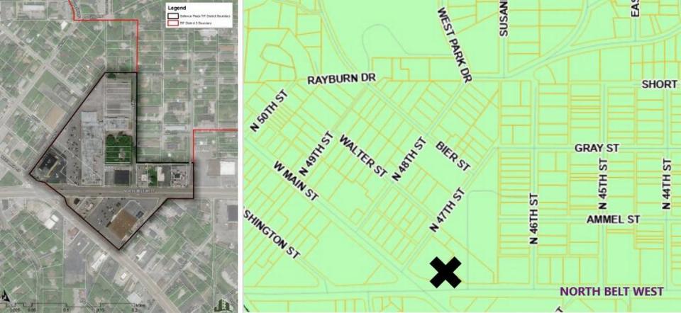 The map at left shows the tentative boundary for a proposed tax-increment-financing district in Belleville that would include Bellevue Park Plaza at West Main Street and North Belt West.