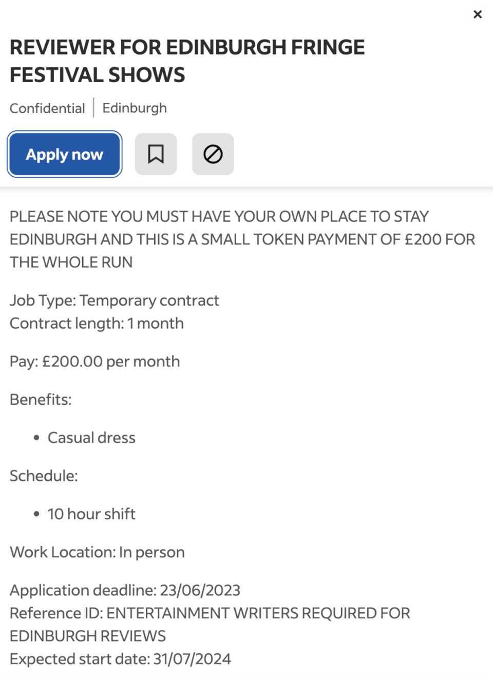 The ad specified 10 hour shifts in exchange for a £200 ‘token payment’ monthly wage (Indeed)