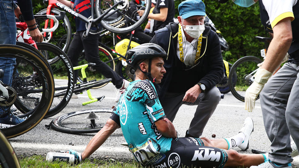 Bryan Coquard, pictured here after the horrific crash in the Tour de France.