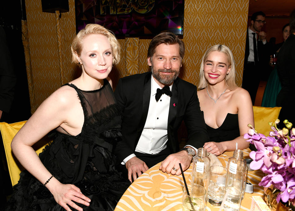 <p>The <em>Game of Thrones</em> table! Gwendoline Christie, Nikolaj Coster-Waldau, and Emilia Clarke hung tight at the HBO party at Circa 55 restaurant. (Photo: Emma McIntyre/Getty Images) </p>
