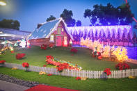 The colorful house of gnomes display inside the Christmas Village in the Tropics at Singapore Flyer.