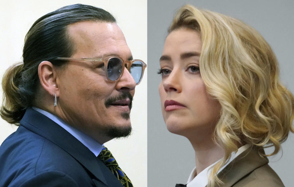 This combination of two separate photos shows actor Johnny Depp, left, and Amber Heard in the courtroom at the Fairfax County Circuit Courthouse in Fairfax, Va., Monday, May 23, 2022. Depp sued his ex-wife Amber Heard for libel in Fairfax County Circuit Court after she wrote an op-ed piece in The Washington Post in 2018 referring to herself as a "public figure representing domestic abuse." (AP Photo/Steve Helber, Pool)