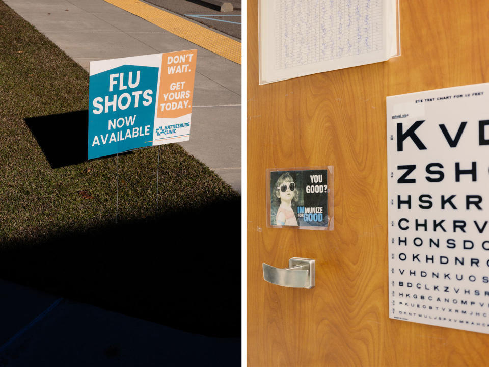 Image: Advertisements for Flu Shots and Patient rooms at Dr. Geri Weiland’s pediatric clinic (Annie Flanagan for NBC News)