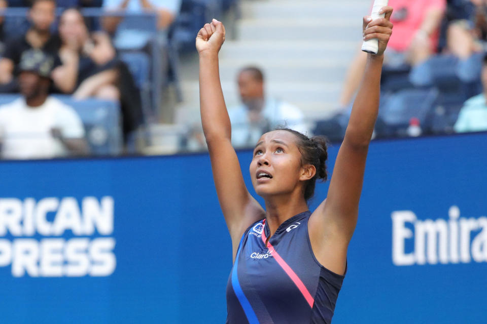 Leylah Fernandez reacts after winning her quarter-finals match against Elina Svitolina.