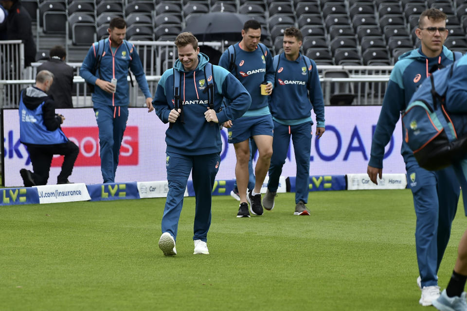 Australian players arrive for the fifth day of the fourth Ashes Test match between England and Australia at Old Trafford, Manchester, England, Sunday, July 23, 2023. (AP Photo/Rui Vieira)