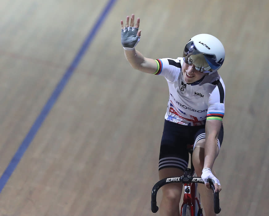 Great Britain’s Laura Kenny celebrates after winning the Women’s Elimination Race, during day two of the Six Day Series at the HSBC National Cycling Centre, Manchester.