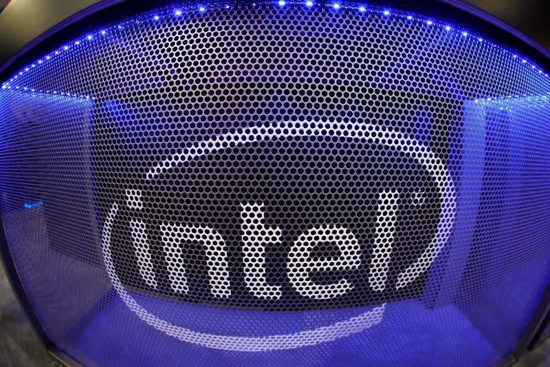 FILE PHOTO: Computer chip maker Intel's logo is shown on a gaming computer display during the opening day of E3, the annual video games expo revealing the latest in gaming software and hardware in Los Angeles