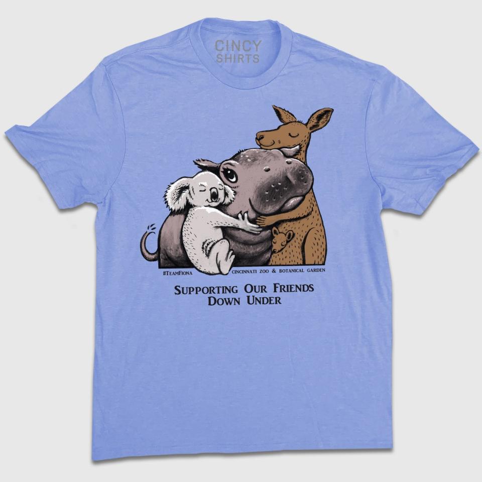 Sales of this T-shirt design featuring a Loren Long illustration of the Cincinnati Zoo's Fiona the hippo will raise funds to help animals affected by wildfires in Australia.