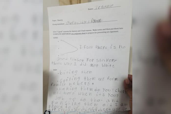 Trameka Brown-Berry posted a photo of her son's homework assignment to Facebook after she saw him struggling to come up with an answer. Source: Facebook/Trameka Brown-Berry