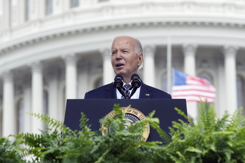 President Joe Biden speaks during a memorial service to honor law enforcement officers who've lost their lives in the past year, during National Police Week ceremonies at the Capitol in Washington, Wednesday, May 15, 2024. (AP Photo/Susan Walsh)