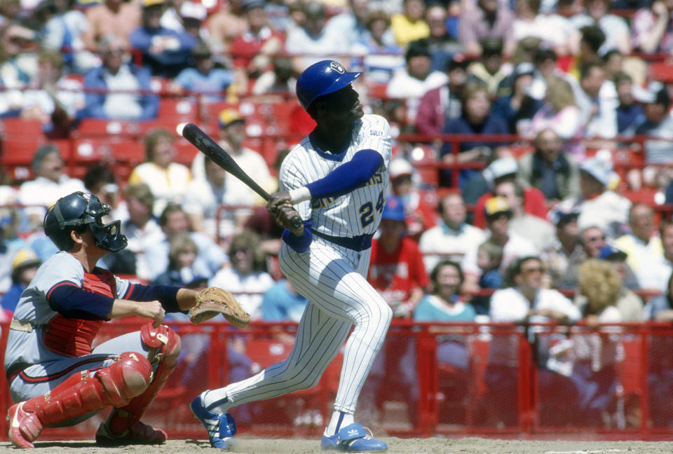 MILWAUKEE, WI - CIRCA 1985: Ben Oglivie #24 of the Milwaukee Brewers bats against the California Angels during an Major League Baseball game circa 1985 at Milwaukee County Stadium in Milwaukee, Wisconsin. Oglivie played for the Brewers from 1978-86. (Photo by Focus on Sport/Getty Images)