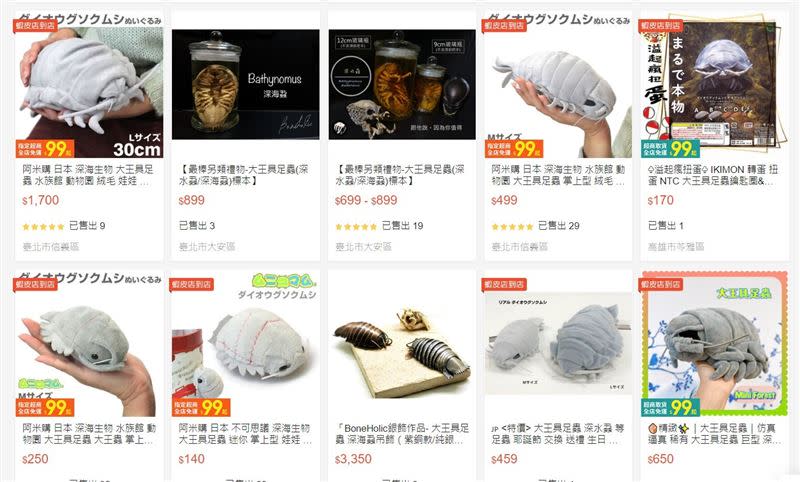 有許多人在網路販售大王具足蟲絨毛玩偶。（圖／翻攝自蝦皮）