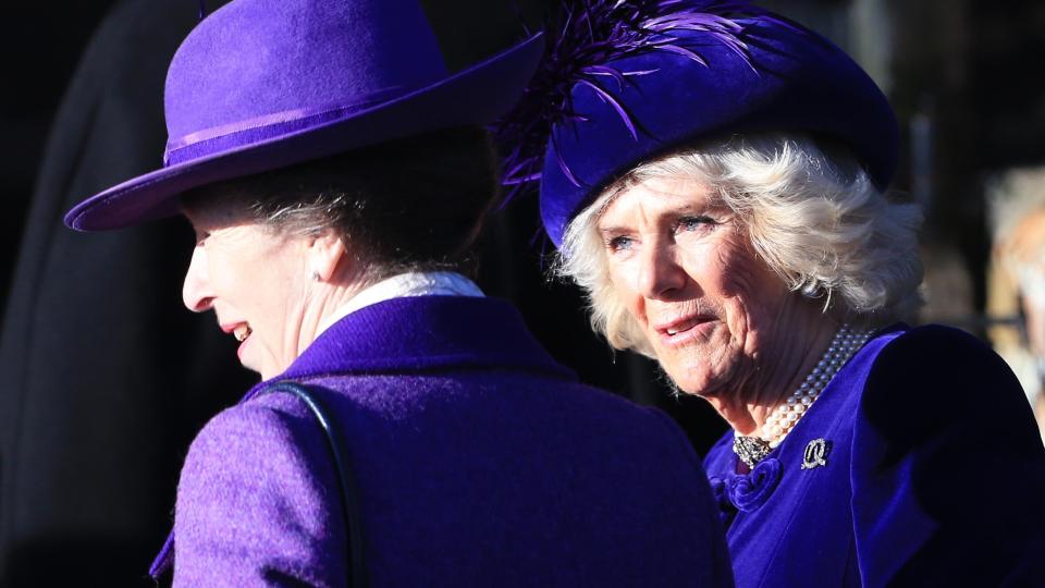 KING'S LYNN, ENGLAND - DECEMBER 25: Princess Anne, Princess Royal and Camilla, Duchess of Cornwall attend the Christmas Day Church service at Church of St Mary Magdalene on the Sandringham estate on December 25, 2019 in King's Lynn, United Kingdom.