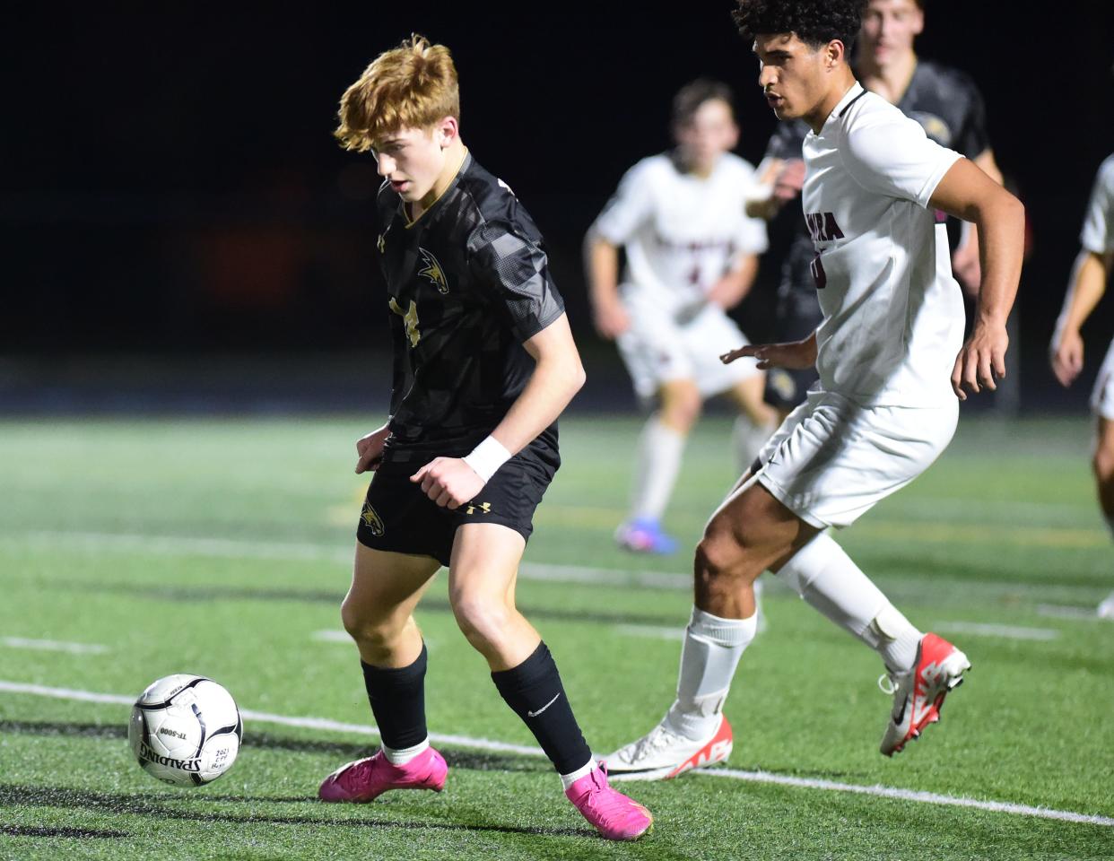 Corning's Taylor Freelove controls the ball during a 5-2 win over Elmira in the Section 4 Class AAA boys soccer championship game Oct. 26, 2023 at Corning Memorial Stadium.