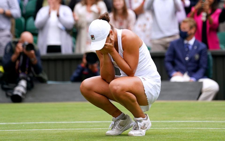Ashleigh Barty reacts after winning her ladies' singles final match against Karolina Pliskova  - PA