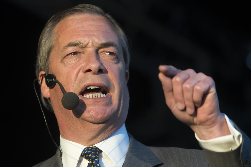 MERTHYR TYDFIL, WALES - MAY 15: Leader of the Brexit Party Nigel Farage speaks during a rally at Trago Mills on May 15, 2019 in Merthyr Tydfil, Wales. Nigel Farage, leader of the Brexit Party and former leader of the U.K. Independence Party, is campaigning for the Brexit Party ahead of this month's European Parliament elections. Despite voting to leave the European Union in 2016, Britain is braced to take part in the European Parliament elections on May 23. (Photo by Matthew Horwood/Getty Images)