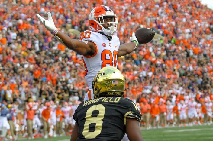 Clemson wide receiver Beaux Collins (80) reacts near Wake Forest defensive back Isaiah Wingfield (8) after catching a two-point conversion to tie the game with Wake Forest during the third quarter at Truist Field in Winston-Salem, North Carolina Saturday, September 24, 2022.  
