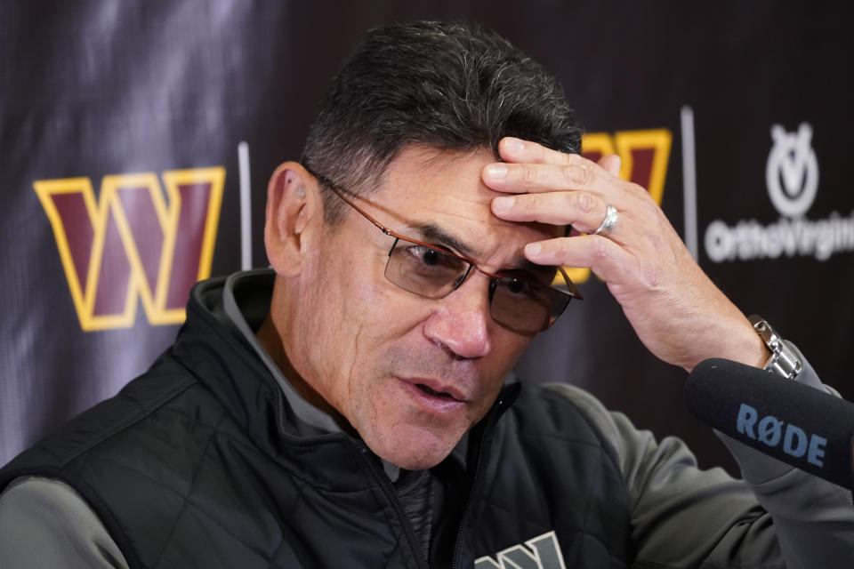 Washington Commanders head coach Ron Rivera speaks after practice at the team's NFL football training facility, Wednesday, Oct. 5, 2022, in Ashburn, Va. (AP Photo/Alex Brandon)