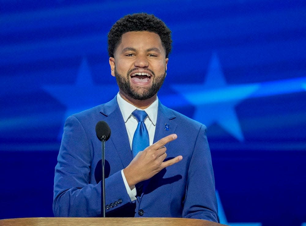 Rep. Maxwell Frost, D-Fla., speaks during the final day of the Democratic National Convention at the United Center.