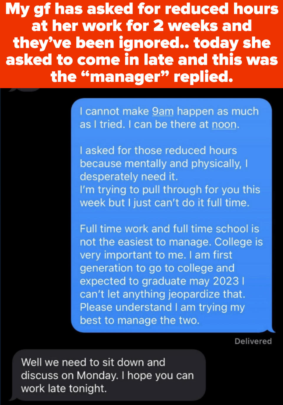 Text screenshot: A person communicates via text about not being able to make a 9am shift due to school and physical needs, and needing discussed reduced hours. Supervisor asks to discuss on Monday