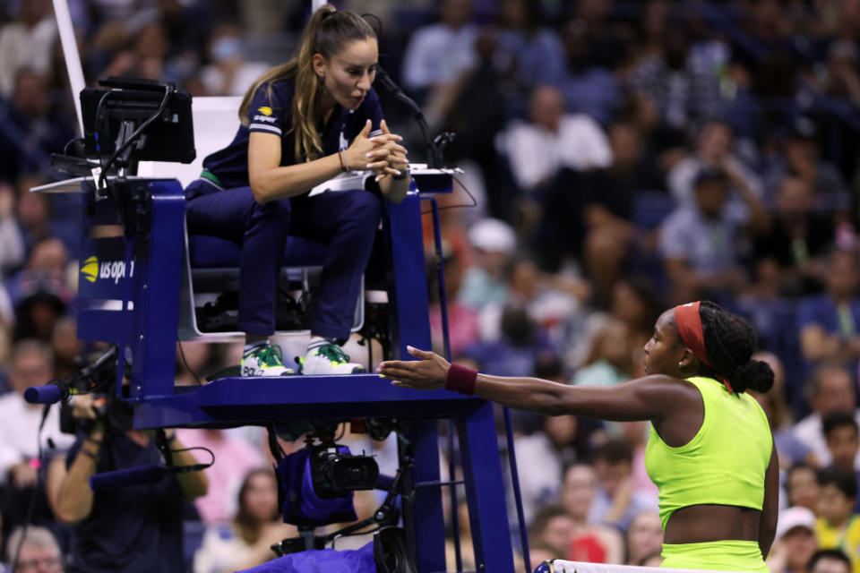 Coco Gauff of the United States speaks to the chair umpire after a point against Laura Siegemund. Photo by Matthew Stockman/Getty Images