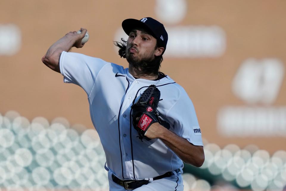 Detroit Tigers starting pitcher Alex Faedo throws during the second inning of a game against the Texas Rangers at Comerica Park in Detroit on Tuesday, May 30, 2023.