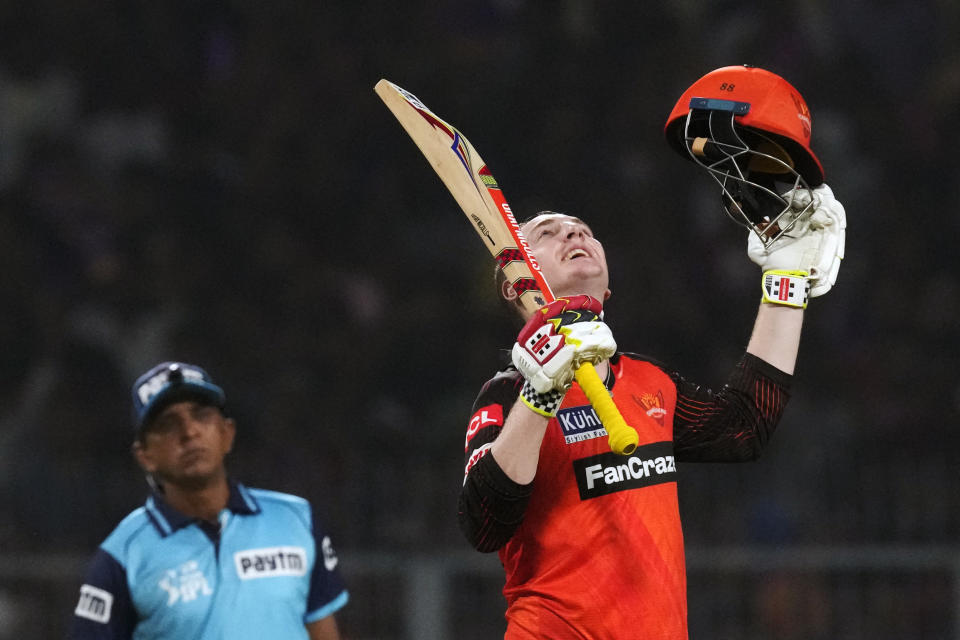 Sunrisers Hyderabad's Harry Brook celebrates his century during the Indian Premier League cricket match between Kolkata Knight Riders and Sunrisers Hyderabad in Kolkata, India, Friday, April 14, 2023. (AP Photo/Bikas Das)