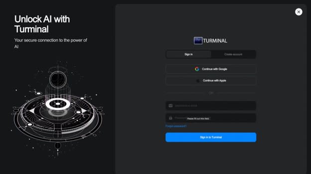 The Turminal.ai alpha login screen provides multiple options for login