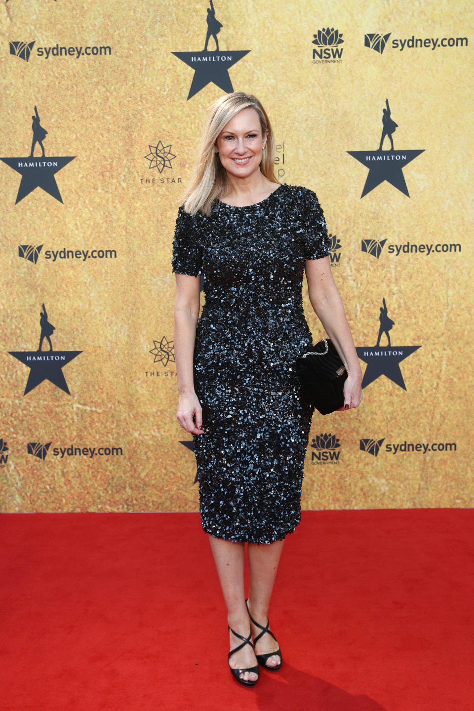 Melissa Doyle wears a black sparkly dress on the red carpet at the Australian premiere of Hamilton at Lyric Theatre, Star City on March 27, 2021 in Sydney, Australia. (Photo by Don Arnold/WireImage)