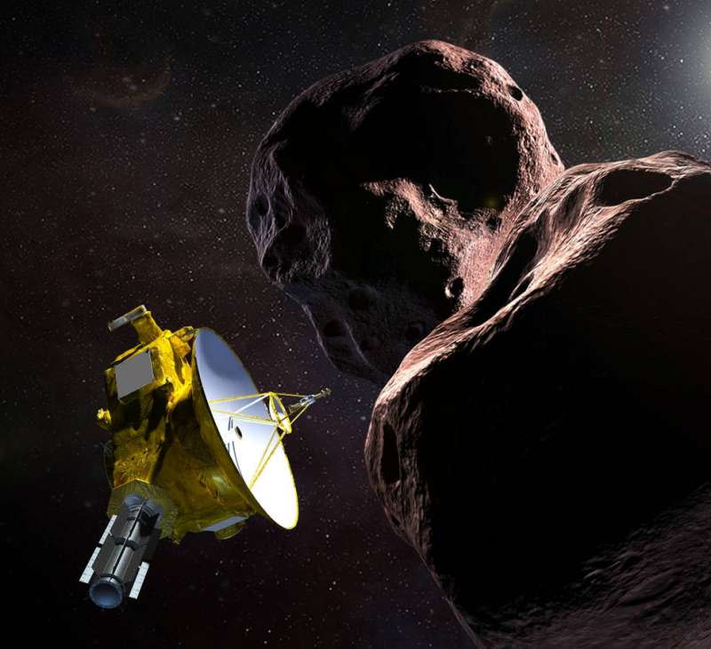 美國航空暨太空總署（NASA）「新視野號」（New Horizons）太空船探測小行星「終極遠境」（Ultima Thule）的示意圖。（NASA）