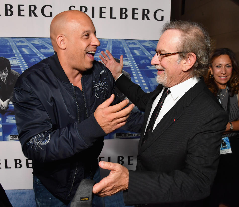 HOLLYWOOD, CA - SEPTEMBER 26: Vin Diesel (L) and Steven Spielberg at HBO's "Spielberg" Premiere at Paramount Studios on September 26, 2017 in Hollywood, California.  (Photo by Jeff Kravitz/FilmMagic for HBO)