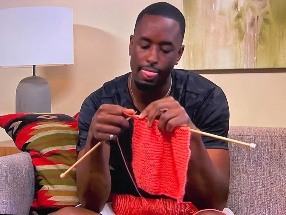 Xavier Bonner knitting on the July 17, 2023, episode of ABC’s “The Bachelorette.”